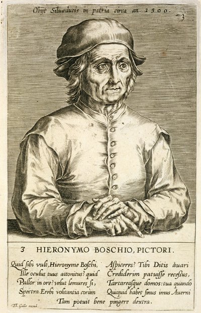 Portrét Hieronyma Bosche (asi 1450-1516), deska 3 v sérii portrétů umělců, vyryl Theodor Galle (1571-1633) od Dutch School