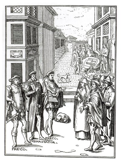 Prodej od Town Crier, po dřevorytu v Praxis Rerum Civilium od Joose de Damhoudera (1507-81), vydaný Antverpy, 1557 od Dutch School