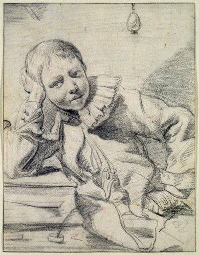 Školák u svého stolu, cca 1630-45 (křída na papíře) od Dutch School