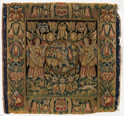 Kuvakudos, Simson ja leijona kahden enkelin ripustamassa pyöreässä, valmistettu Amsterdamissa, Hollannissa tai Hampurissa, Saksassa, 1600-luvun alku (villa) od Dutch School