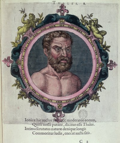 Thales of Miletus (asi 625-547 př. n. l.), ilustrace z Ikony starověké a nedávné fyziky a filozofů od Johannese Sambucuse (1531-1584), vydal Plantin v Antverpách 1574 (barevná rytina) od Dutch School