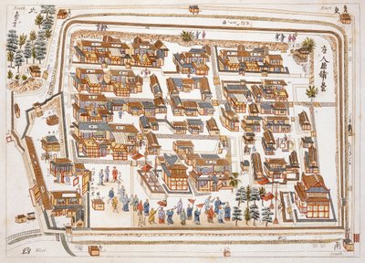 Čínská továrna v ulici Teng-chan v Nangasaki, založená v roce 1688, z Ilustrace Japonska od Isaaca Titsingha (asi 1740-1812), vydáno v Londýně, 1822 od Dutch School