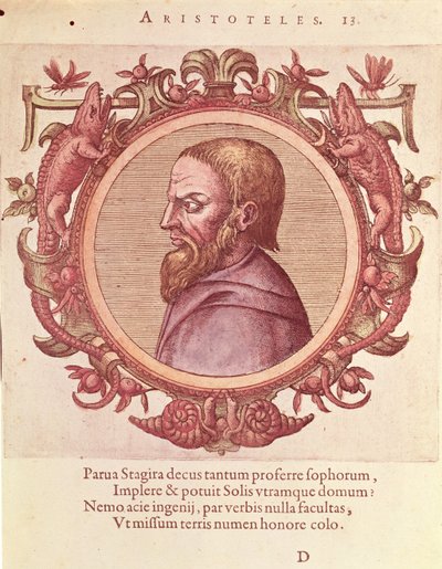 Filozof Aristoteles (384-322 př.n.l.), ilustrace ze starověké a nedávné fyziky a ikon filozofů od Johannese Sambucuse (1531-1584), vydal Plantin v Antverpách 1574 (barevná rytina od Dutch School