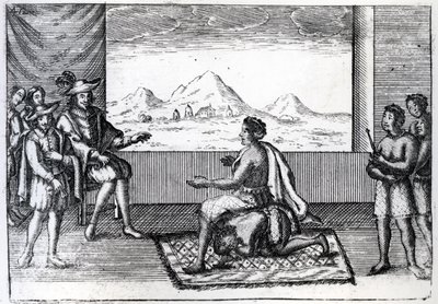 Setkání královny Nzingy z Ndonga s portugalským guvernérem Luandy Joaem Correiou de Sousou v roce 1622 (rytina) od Dutch School