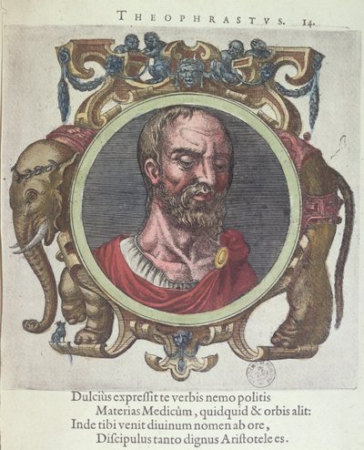 Theophrastus (asi 372-287 př.nl), ilustrace ze staré a nedávné fyziky a filozofů od Johannese Sambucuse (1531-84), vydal Plantin v Leydenu 1603 (barevná rytina) od Dutch School