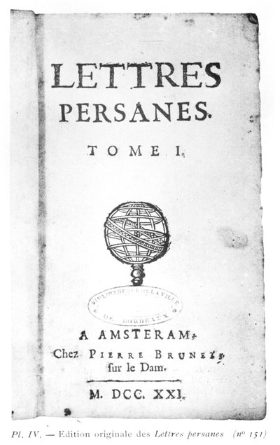 Titulní strana Les Lettres Persanes od Charlese de Montesquieu (1689-1755) 1721 od Dutch School