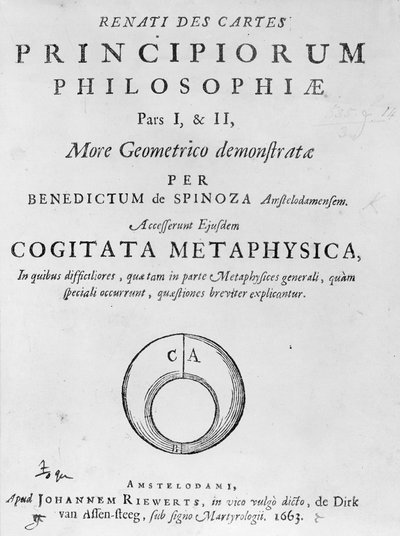 Titulní strana k filozofickým principům René Descarta od Barucha Spinozy, vydané v roce 1663 od Dutch School