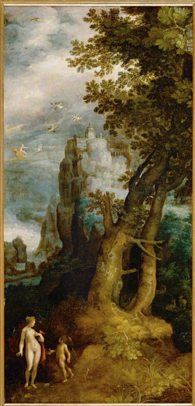 Venuše a Amor před zámkem lásky, po roce 1603 (malba na plátně) od Dutch School
