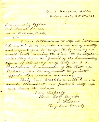 Dopis od E. A. Carra, Heleny, Arkansas, velícímu důstojníkovi amerických námořních sil poblíž Heleny v Arkansasu, 2. října 1862 od E.A. Carr