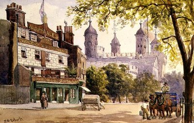 The Old George and Tower of London (akvarel) od E.A. Roberts