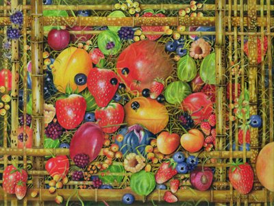 Fruit in Bamboo Box, 1999 (akryl na plátně) od E.B. Watts