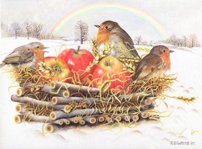 Robins with Apples, 1997 (akryl na plátně) od E.B. Watts