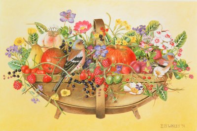 Trug s ovocem, květinami a pěnkavami, 1991 (akryl) od E.B. Watts