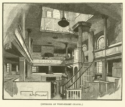 Interiér kaple West-Street Chapel (rytina) od E.H. Fitchew