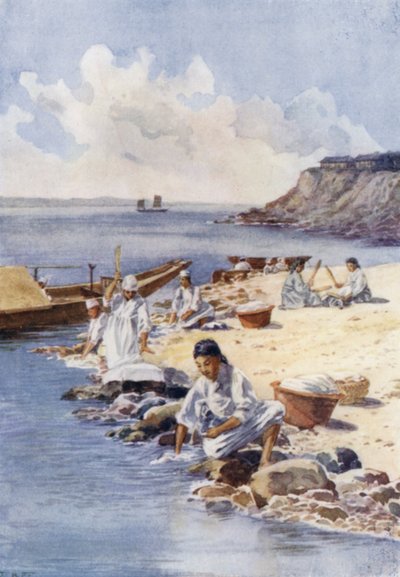 Korejské ženy perou prádlo v řece (barva litho) od E.H. Fitchew
