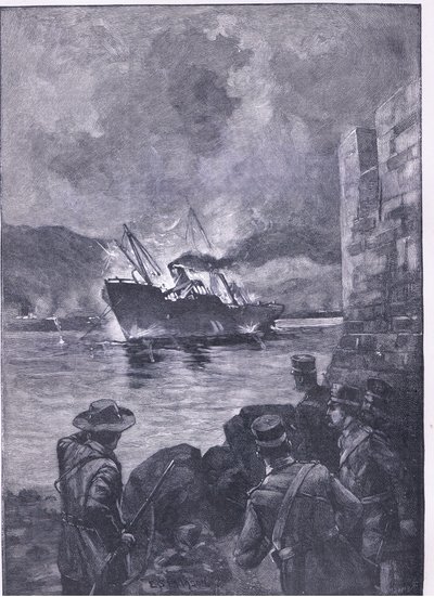 Španělská americká válka: Potopení Merrimacu, ilustrace z Cassells History of England, 1900 od E.S. Hodgson