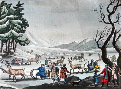 Tunguové opouštějící zimní tábor na saních tažených soby, asi 1820 (barevná rytina) od E. (after) Karnejeff
