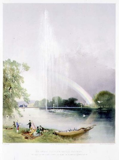 Velká fontána, Enville Gardens, vydavatel Thomas McLean (litografie) od E. Adveno Brooke