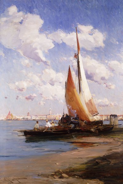 Rybářské plavidlo s řekou degli Schiavoni, Benátky, za, od E. Aubrey Hunt