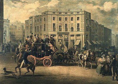 "The Age" Brighton Coach u Bull and Mouth, Regent Circus (rytina) od E. F. Lambert