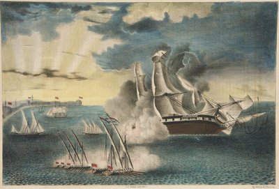 Americká fregata Philadelphia na skalách u Tripolisu z časopisu Army and Navy, hospoda. 1840 (barevná litografie) od E. J. Pinkerton
