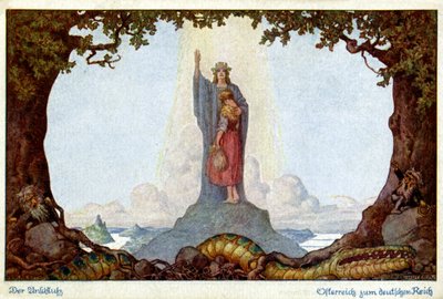 Dějiny. svazu Rakouska a Německa. Alegorie od E. Kutzera, Rakousko, kolem roku 1920 (pohlednice) od E. Kutzer