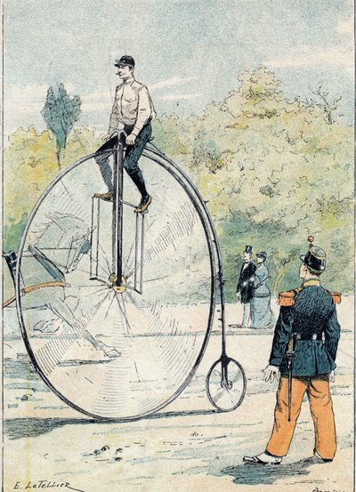 Grand bi (Grand-Bi) s průměrem předního kola větším než 1,50 m - Z ochranného pouzdra na učebnice, konec 19. století - ilustrace E. Letellier - Zápisník chráněný historický, konec 19. století - od E. Letellier