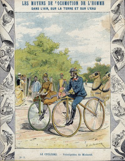 Pierre Michaux a Michaudine velocipedes - Z ochranného pouzdra na učebnice, konec 19. století - velocipedes a pedale (les michaudines) od Pierra Michauxe (1813-1883) od E. Letellier
