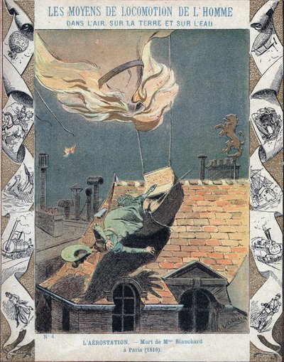 Smrt Marie Blanchardové, manželky aeronauta Jeana Pierra Blancharda, když její balón vzplál při demonstraci nad Paříží, 6. června 1819 – Z ochranného pouzdra na učebnice, konec 19. století – Mort de Madame Blanchard – 16. července 1819, i od E. Letellier
