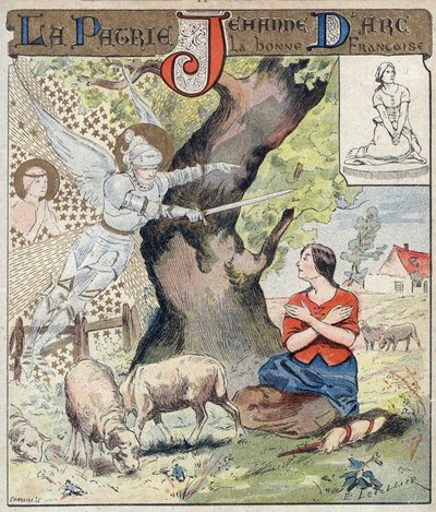 Mladá Johanka z Arku (1412-1431) naslouchající hlasu andělů, kteří ji žádají, aby přišla na pomoc Francii během stoleté války - Z ochranného obalu na učebnice, konec 19. století - Mladá Johanka z Arku (1412 -1431) poslouchat hlas od E. Letellier