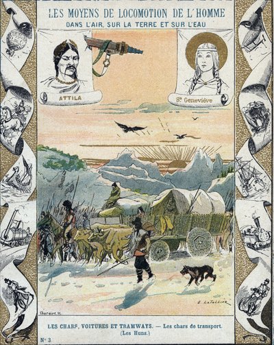 Transportní tanky - Hunové z Attily (asi 395-453) - Invaze barbarů - ilustrace E Letellier - Chrání historický zápisník, konec 19. století - od E. Letellier