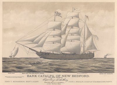 Bark Catalpa z New Bedfordu, policejní člun, lodní člun a britská loď Georgette od E. N. Russell
