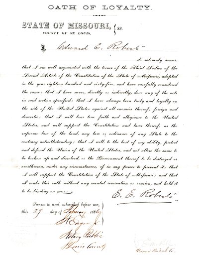 Věrnostní přísaha Edwarda E. Robertsa z Missouri, hrabství St. Louis od E. Roberts
