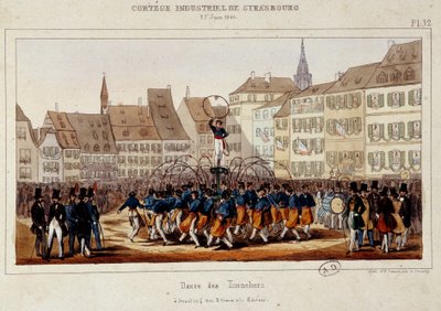 La danse des tonneliers během průmyslového průvodu ve Štrasburku dne 25.06.1840. Simonova litografie od E. Simon