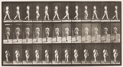 Talíř 23. Chůze, pravá ruka na bradě, boty na vysokém podpatku od Eadweard Muybridge
