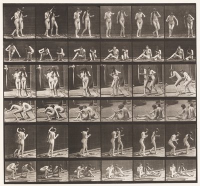 Talíř 245. Dva modely točící se kolem sedící na zemi od Eadweard Muybridge