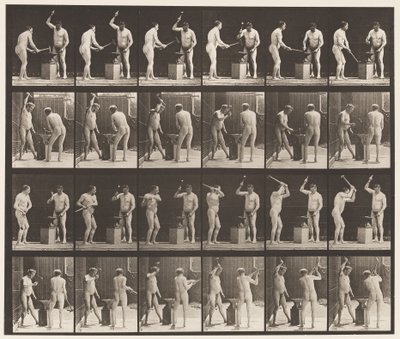 Talíř 377. Kovář, Dva modely, Kladivo na Advil, 1872-1885 od Eadweard Muybridge
