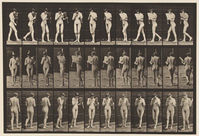Talíř 46. Chůze, flirtování vějíře a otáčení se od Eadweard Muybridge