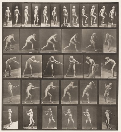 Talíř 521. A, Chůze; B, vzestupný krok; C, Vrhací disk od Eadweard Muybridge