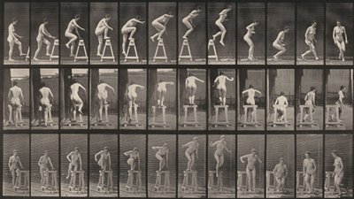 Tabule číslo 171. Vystoupit na kozlík, seskočit a otočit se od Eadweard Muybridge