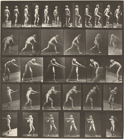 Číslo desky 521. A: Chůze. B: Vzestupný krok. C. Vrhací disk. D: Pomocí lopaty. E, F. Pomocí pick od Eadweard Muybridge