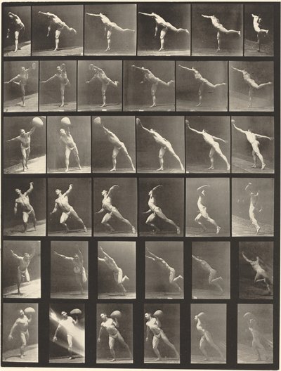 Talíř číslo 523. A: Úder. B, E: Vrhací disk. C, F: Zvedání 75-lb. kámen. D: Házení míčem od Eadweard Muybridge