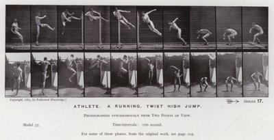 Lidská postava v pohybu: Atlet, běhající, twist vysoký skok (černobílá fotografie) od Eadweard Muybridge