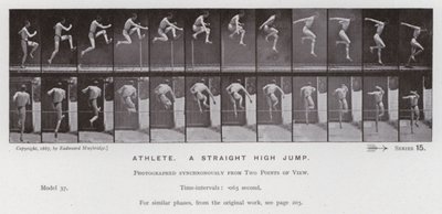 Lidská postava v pohybu: Sportovec, přímý skok do výšky (černobílá fotografie) od Eadweard Muybridge