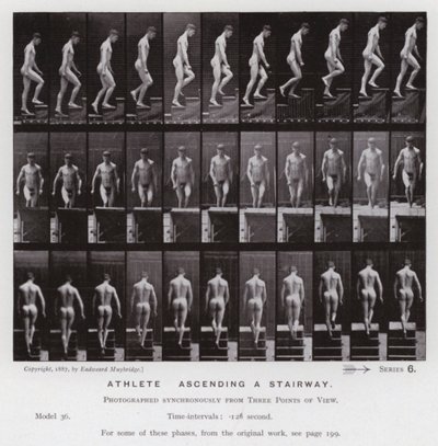 Lidská postava v pohybu: Sportovec, stoupá po schodech (černobílá fotografie) od Eadweard Muybridge