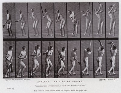 Lidská postava v pohybu: Atlet, odpaluje v kriketu (č/b foto) od Eadweard Muybridge