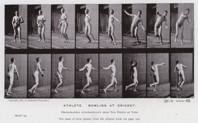 Lidská postava v pohybu: Sportovec, bowling v kriketu (č/b foto) od Eadweard Muybridge