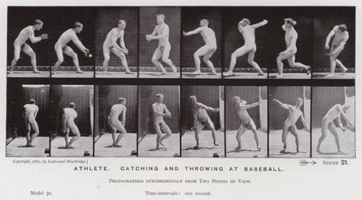 Lidská postava v pohybu: Sportovec, chytání a házení na baseball (černobílá fotografie) od Eadweard Muybridge