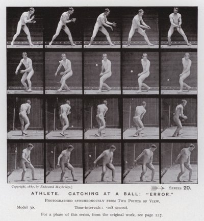 Lidská postava v pohybu: Sportovec, chytání míče, "chyba" (černobílá fotografie) od Eadweard Muybridge
