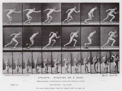 Lidská postava v pohybu: Sportovec, startující na závodě (č/b foto) od Eadweard Muybridge